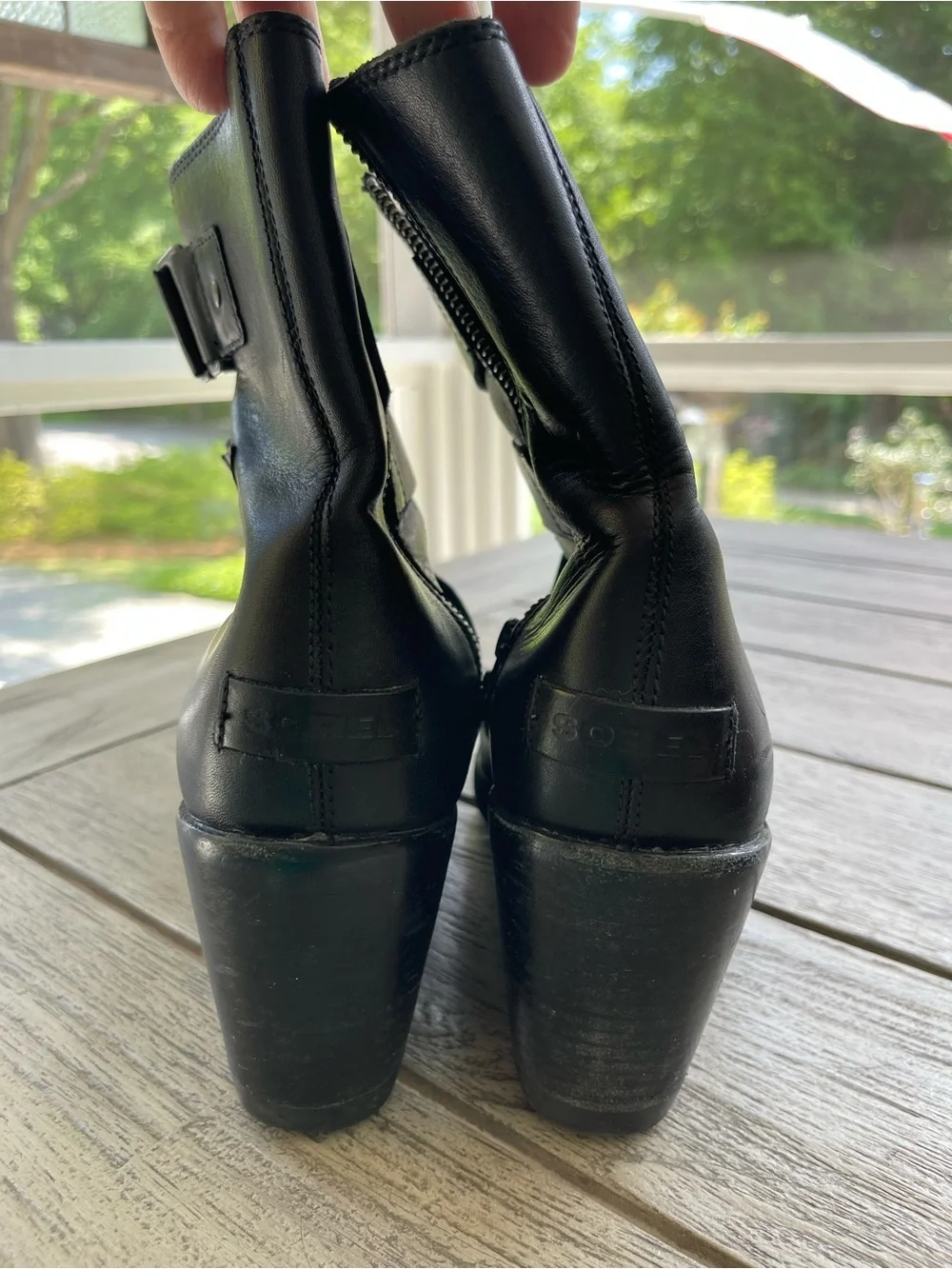 Sorel After Hours Black Leather Wedge  Buckle Straps Boots - Women Size 10